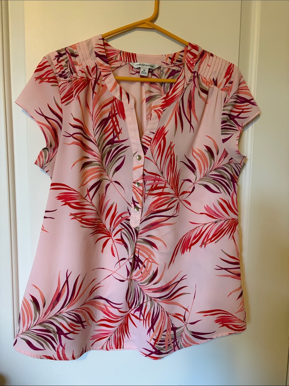 croft & barrow Pink Short-Sleeve Tropical Print Button-Front Blouse
